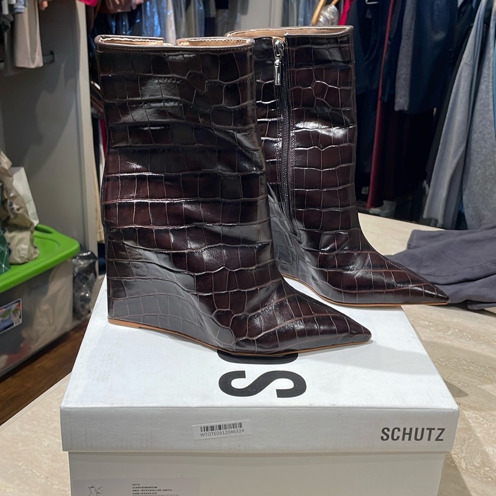 Schutz Asya Crocodile-Embossed Leather Bootie